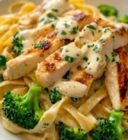 Truffle-Infused Mushroom & Chicken Alfredo Pasta with Roasted Broccolini (L)