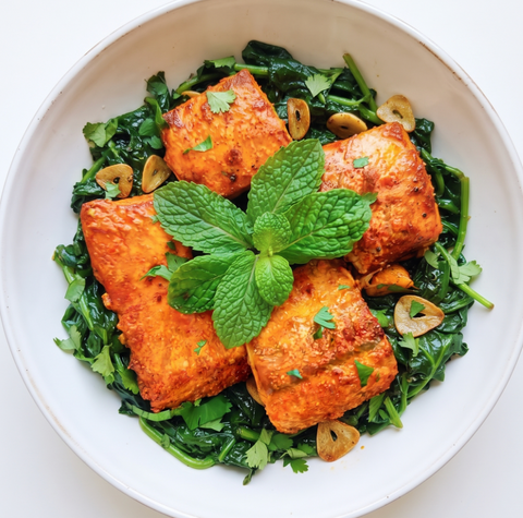 Achaari Salmon w/garlic Spinach