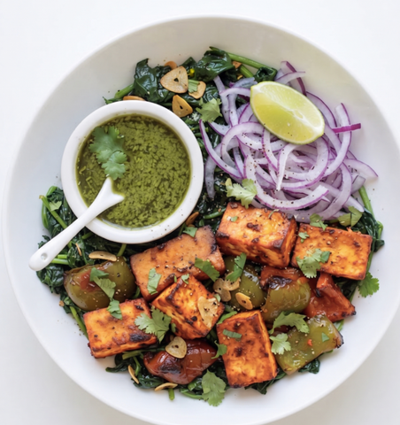 Achaari Tofu w/garlic spinach