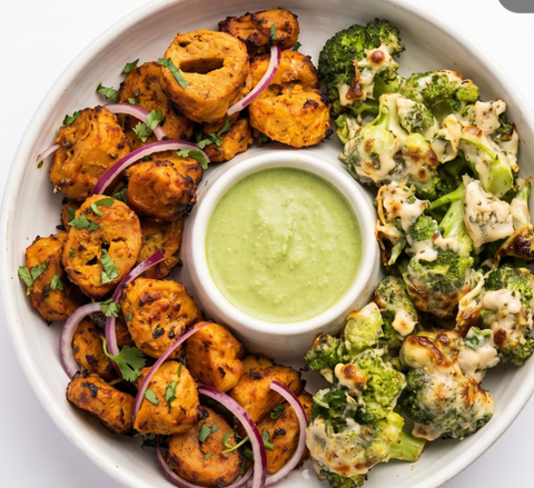 Achari soya chaap w/baked cheese broccoli