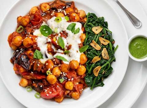 Harissa Eggplant with spice toasted chickpeas w/sauteed spinach