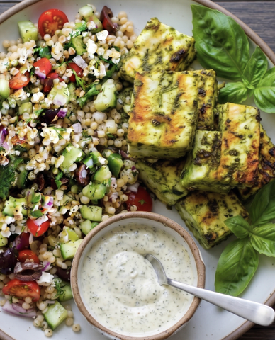 Cilantro Pesto Malai Paneer w/ herb couscous pilaf
