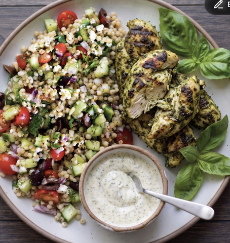 Cilantro Pesto Malai Chicken w/ herb couscous pilaf