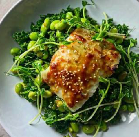 Miso cod w/ kale edamame salad