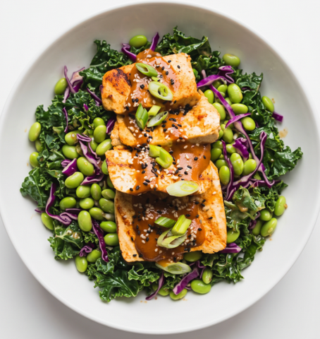Miso tofu w/ edamame kale salad