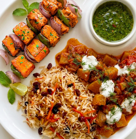 Tandoori Salmon with Kabuli Chana Pulao, Boorani Kaddu & Cilantro Chutney