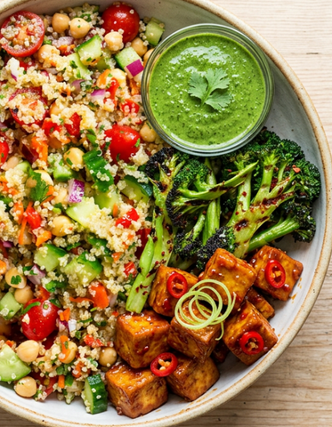 Chilli Lime Tofu Quinoa Chickpea Salad, charred broccoli- Vegan