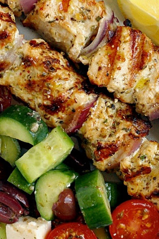 Greek! Grilled Chicken Skewer w/pesto sauce side of greek salad