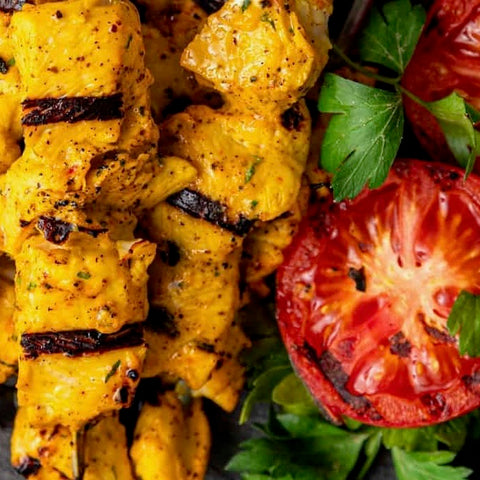 Persian Jojeh Chicken Kebab skewer, mint sauce w/shirazi salad