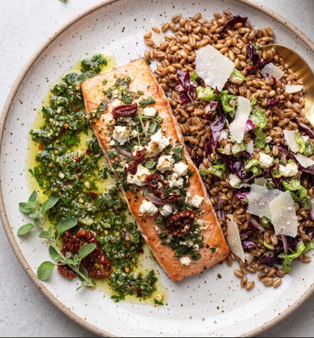 Mediterranean grilled Salmon w/ farro salad