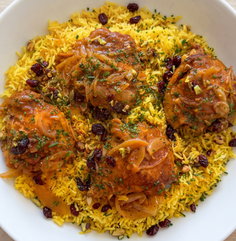 Arabian Chicken Khabsa on bed of saffron rice