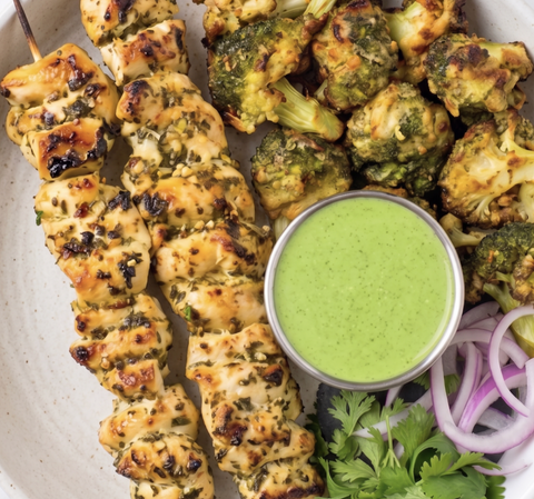 Chicken Souvlaki w/baked cheese broccoli