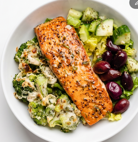 Greek Salmon w/baked cheese broccoli