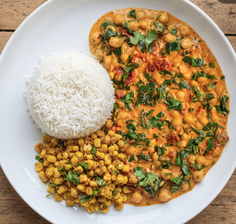 Marry me chickpeas w/roasted masala corn purple cabbage