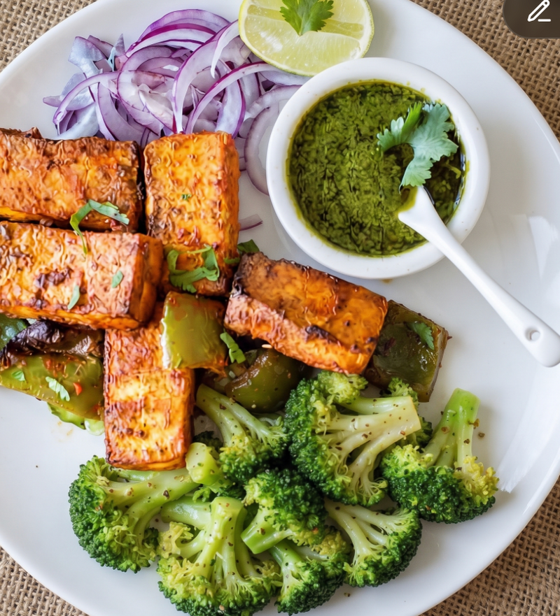 Achari Tofu w/ roasted rainbow florets
