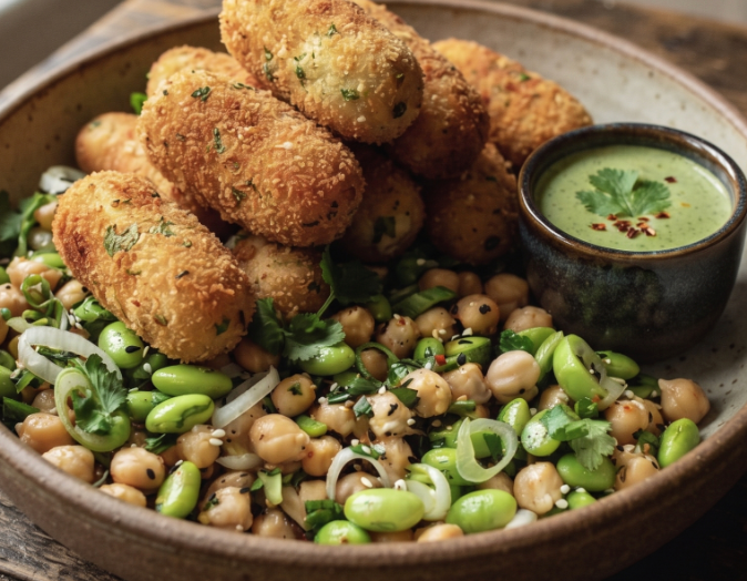 Paneer Croquettes with edamame chickpea salad