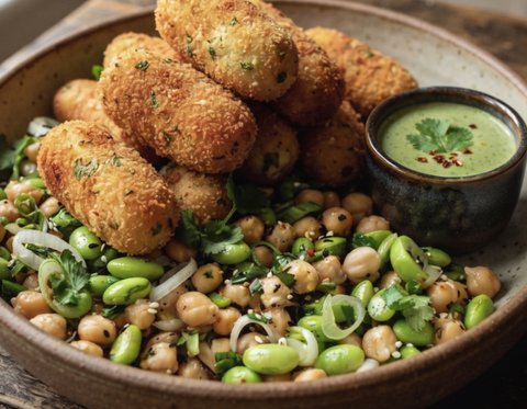 Paneer Croquettes with edamame chickpea salad