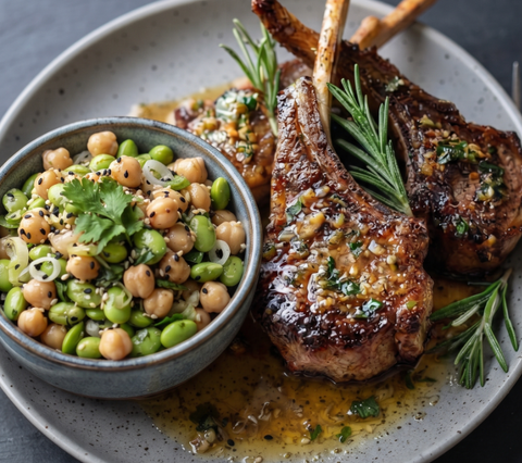 Grilled Lamb Chops w/ pomogranete glaze & edamame chickpea salad
