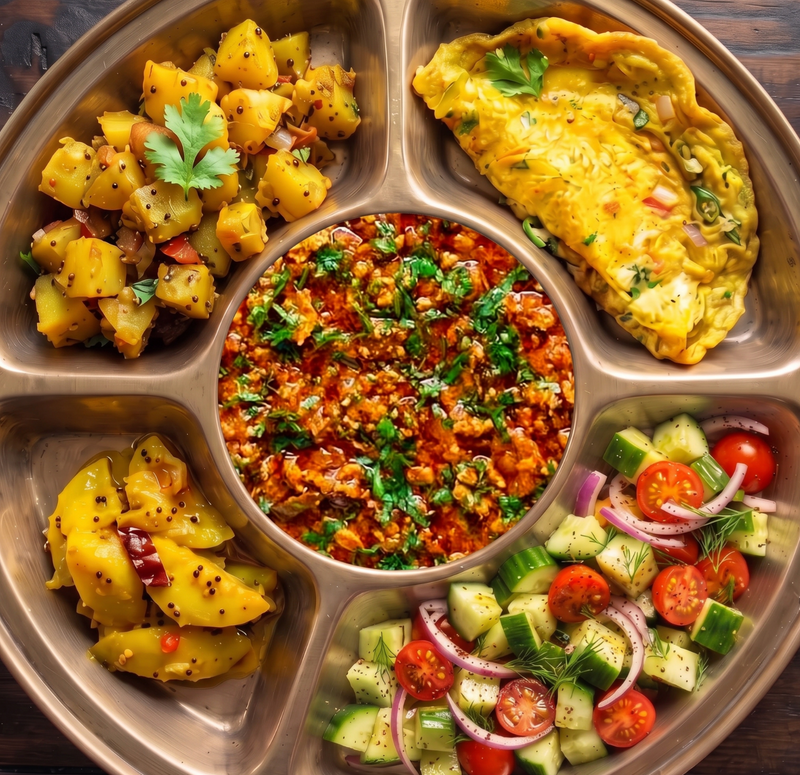 Amritsari Chicken Kheema, Sitaphal ki Sabzi, Besan Chilla, homemade shalgam achaar bowl