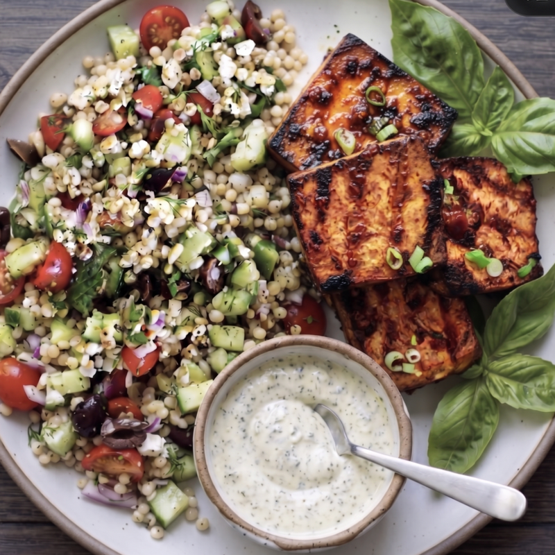 Moroccan Spiced Tofu w/ Herb Israeli Couscous Pilaf