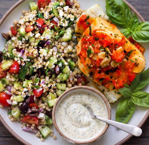 Moroccan Spiced cod w/ herb israeli cousous pilaf (L)