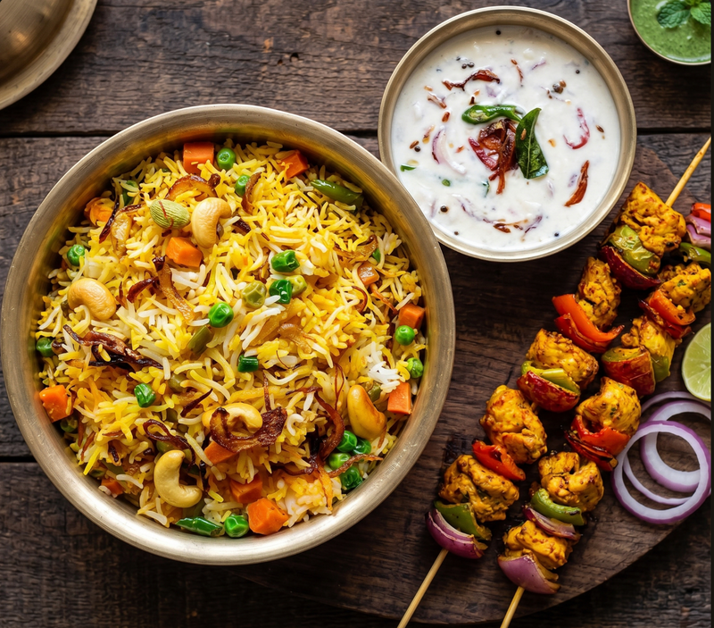 Zafrani Angaar Protein Bowl — Chicken Tikka Skewer, Sabz Zafrani Biryani & Bhune Pyaz Ka Raita