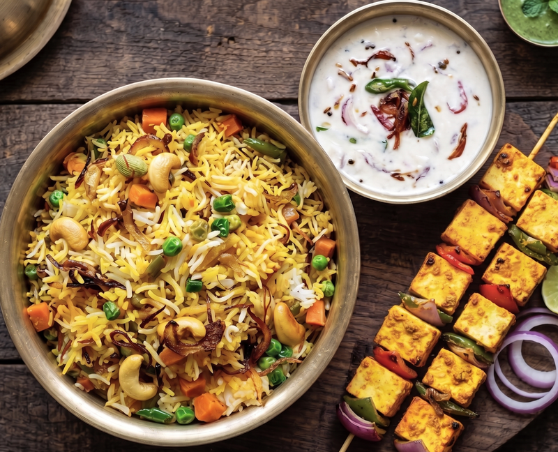 Paneer Tikka Skewer, Sabz Zafrani Biryani, Bhune pyaz ka raita bowl