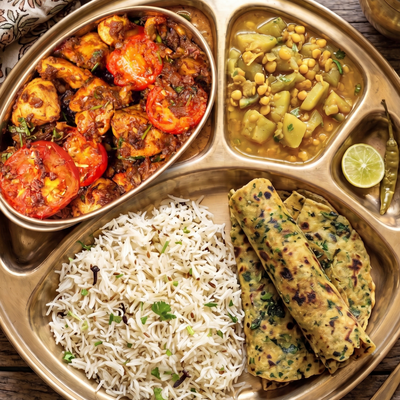 Tawa Chicken, Lauki Chana Daal, Jeera Rice, Methi Roti Bowl
