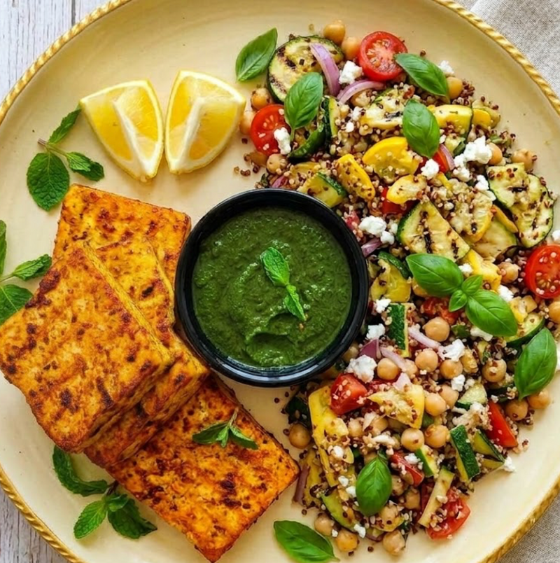 Aleppo Lemon Paneer with Charred Zucchini & Quinoa Tabbouleh