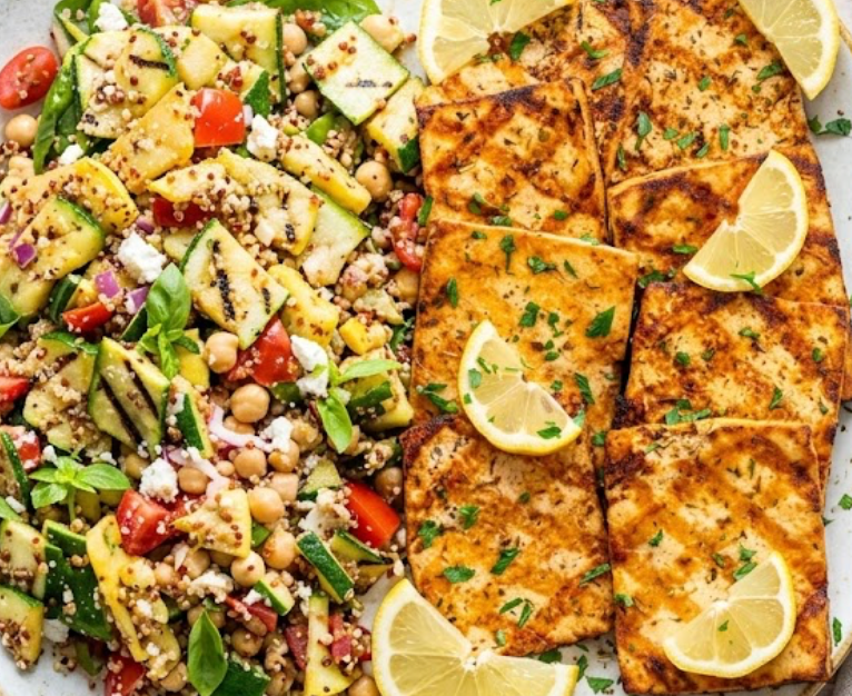 Aleppo Lemon Tofu with Charred Zucchini & Quinoa Tabbouleh Vegan