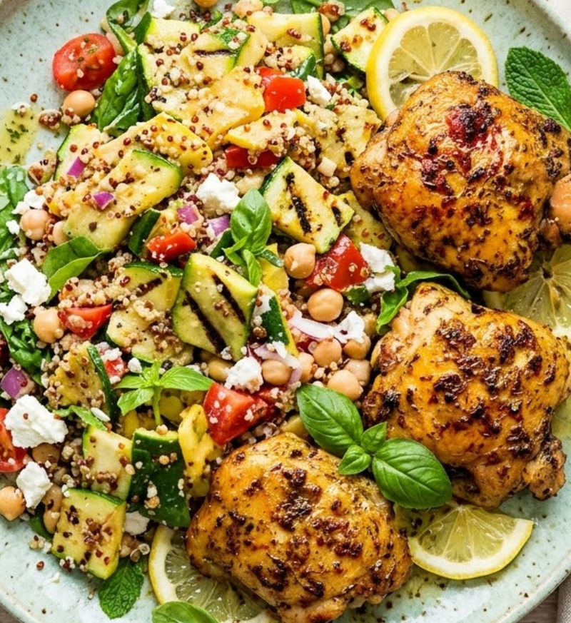 Mediterranean Lemon Oregano Chicken with Charred Zucchini & Quinoa Tabbouleh