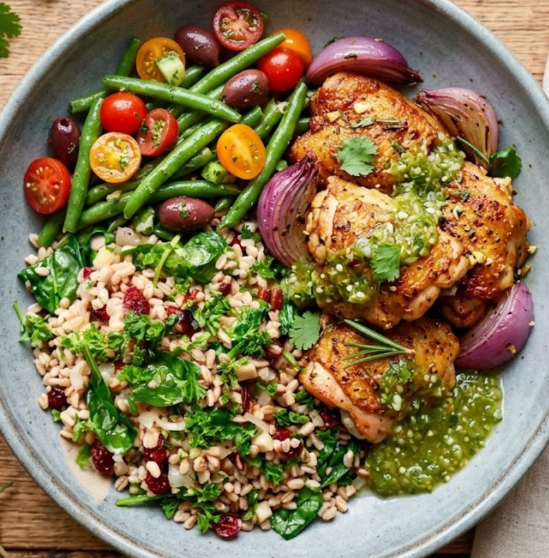 Rosemary Garlic Chicken with Farro, Spinach & Salsa Verde