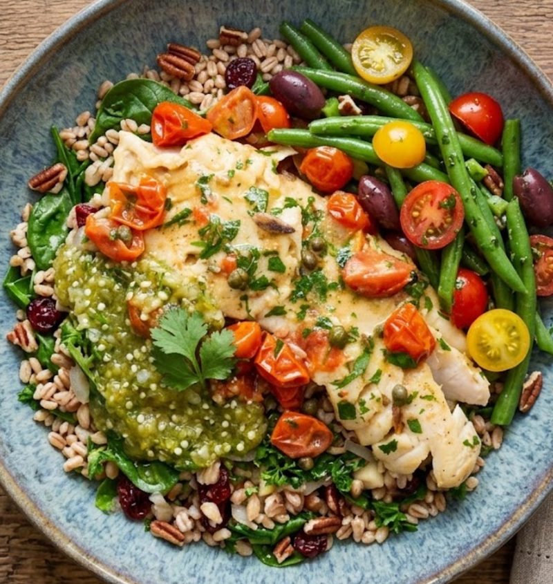 Sicilian Red Snapper with Farro, Spinach & Salsa Verde
