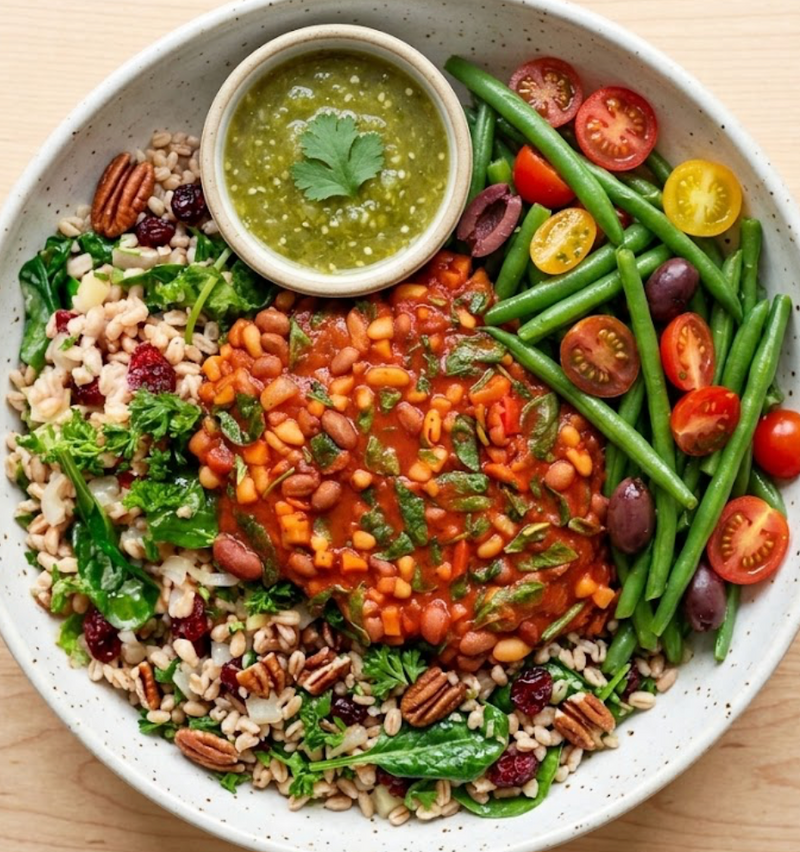 Tuscan Stewed Beans with Farro, Spinach & Salsa Verde Vegan