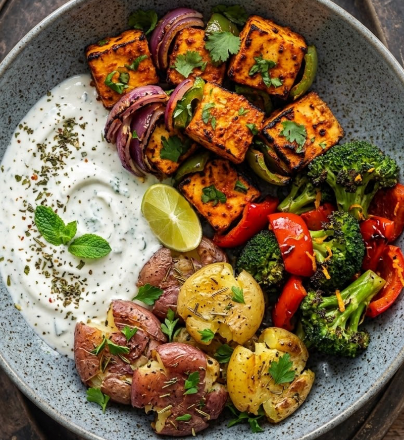 Grilled Paneer Shashlik with Vegetables & Smashed Marble Potatoes