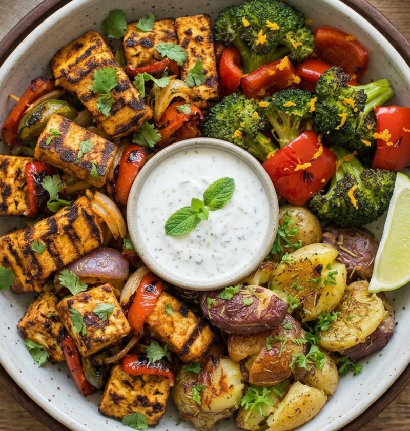Grilled Tofu Shashlik with Vegetables & Smashed Marble Potatoes Vegan