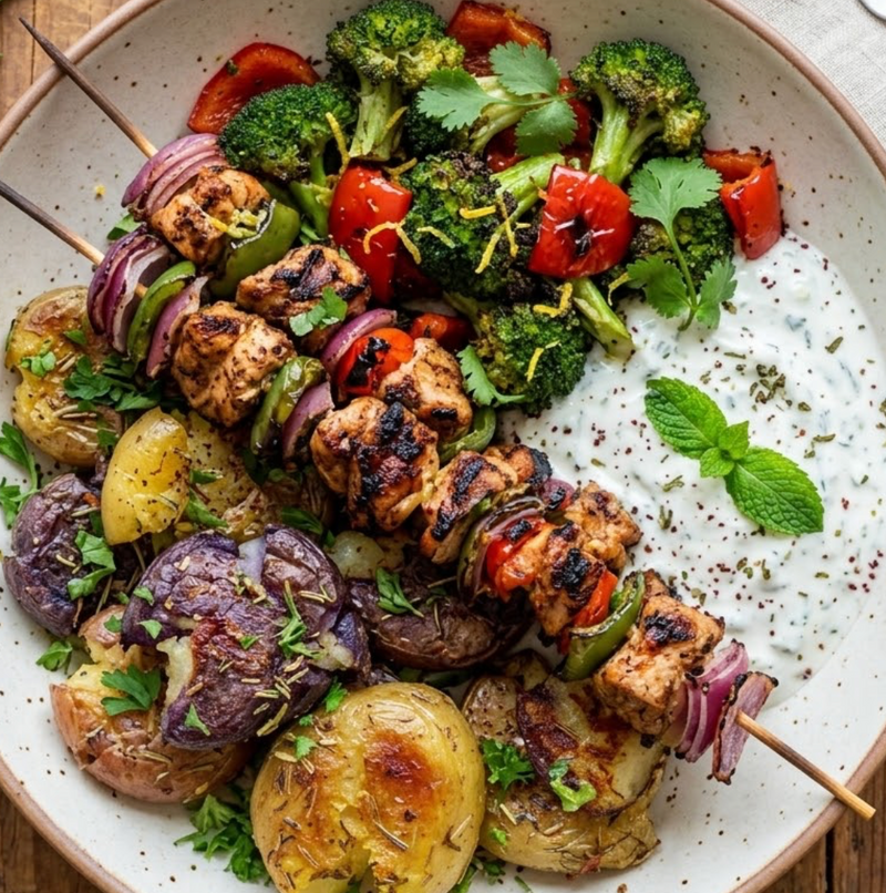 Grilled Chicken Shashlik with Vegetables & Smashed Marble Potatoes