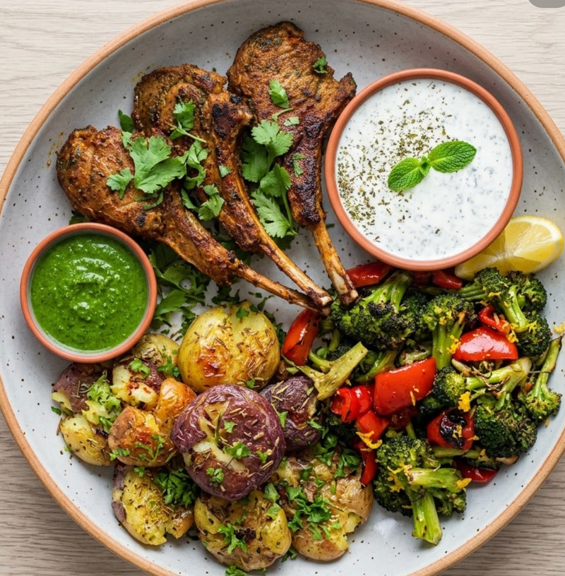 Roasted Masala Lamb Chops with Vegetables & Smashed Marble Potatoes