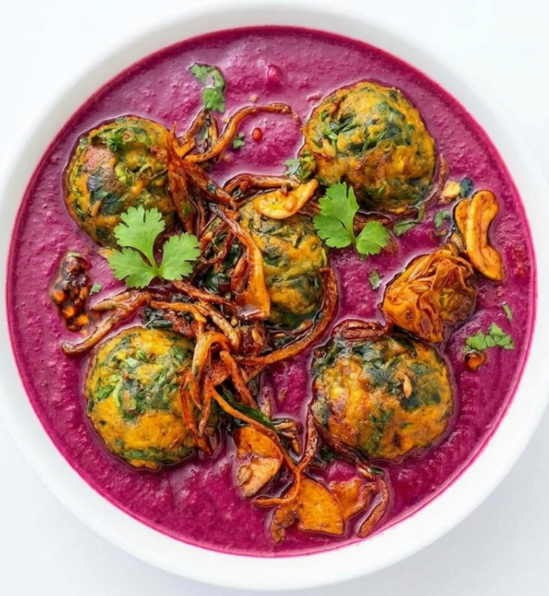 Beetroot Kadhi with Palak Pakora