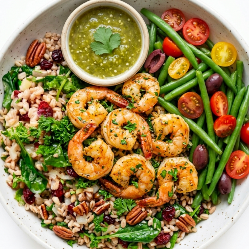 Butter Garlic Shrimp with Farro, Spinach, Green Beans, Cherry Tomatoes & Salsa Verde