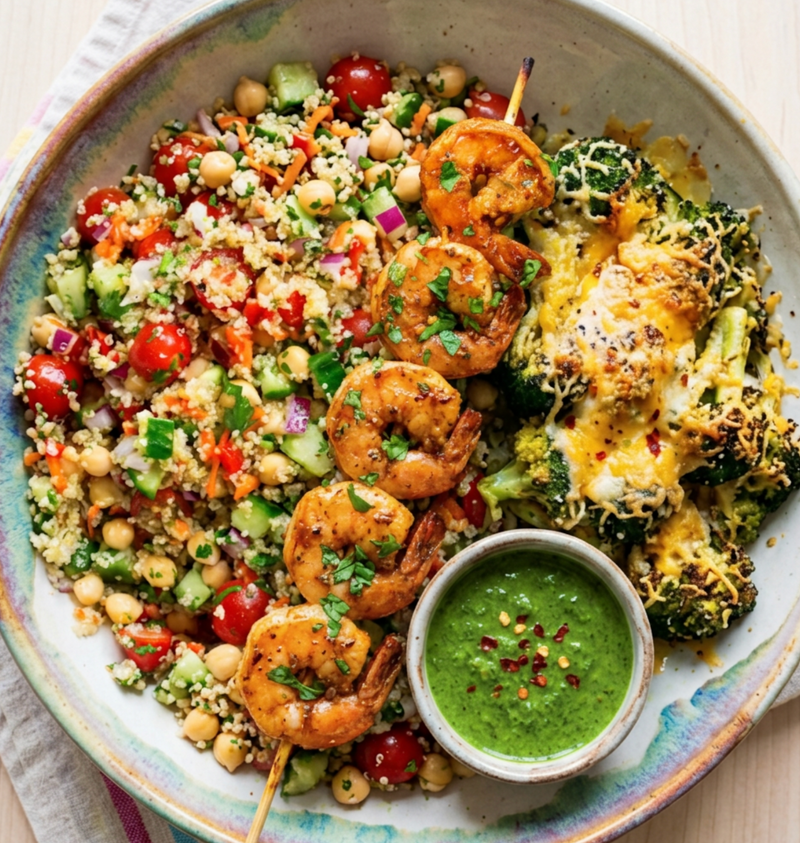Chili lime Shrimp with Quinoa Chickpea Salad,  baked cheese broccoli