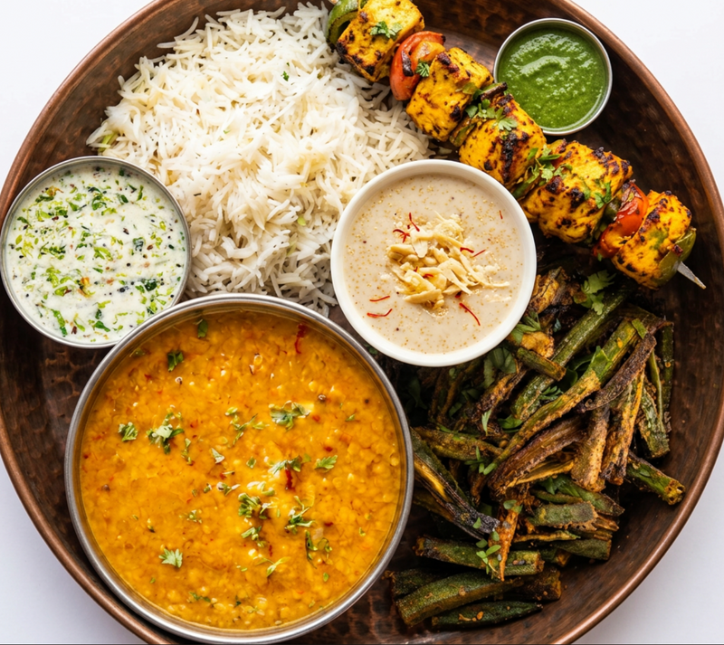 Chicken Zafran Kebab Thali — 6 items (includes Raita & Dessert)