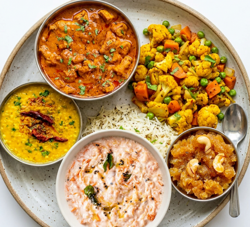 Chicken Khurana Thali — 6 items (includes Raita & Dessert)
