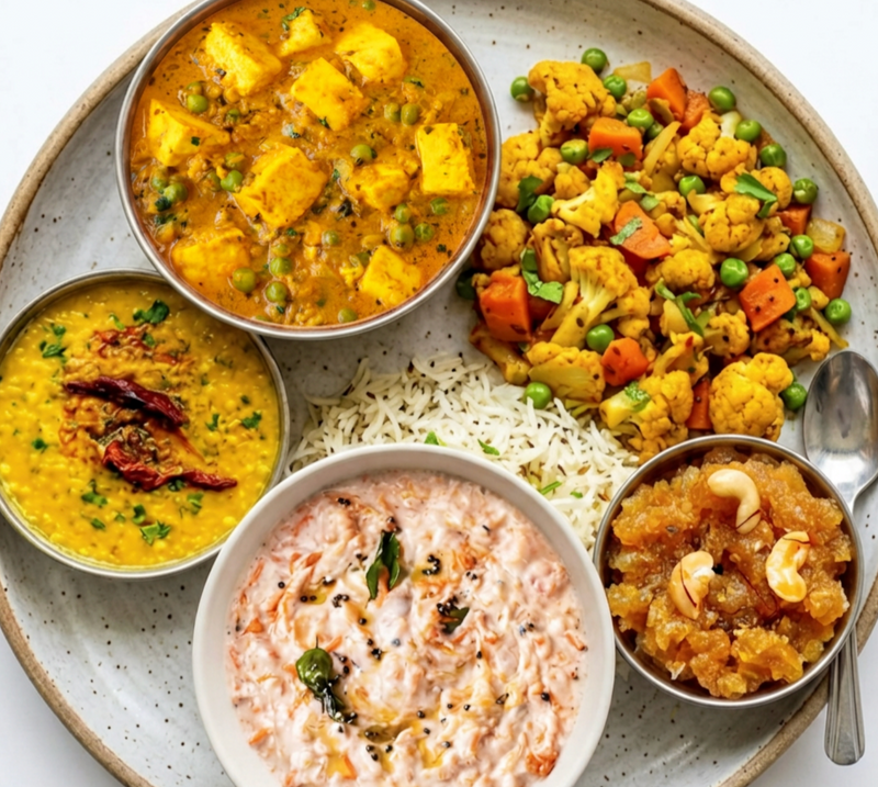 Matar Paneer Masala Thali — 6 items (includes Raita & Dessert)