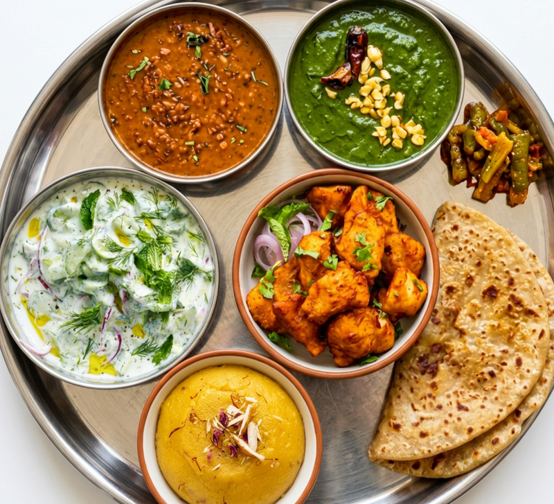 Amritsari Macchi Thali — 6 items (includes Raita & Dessert)