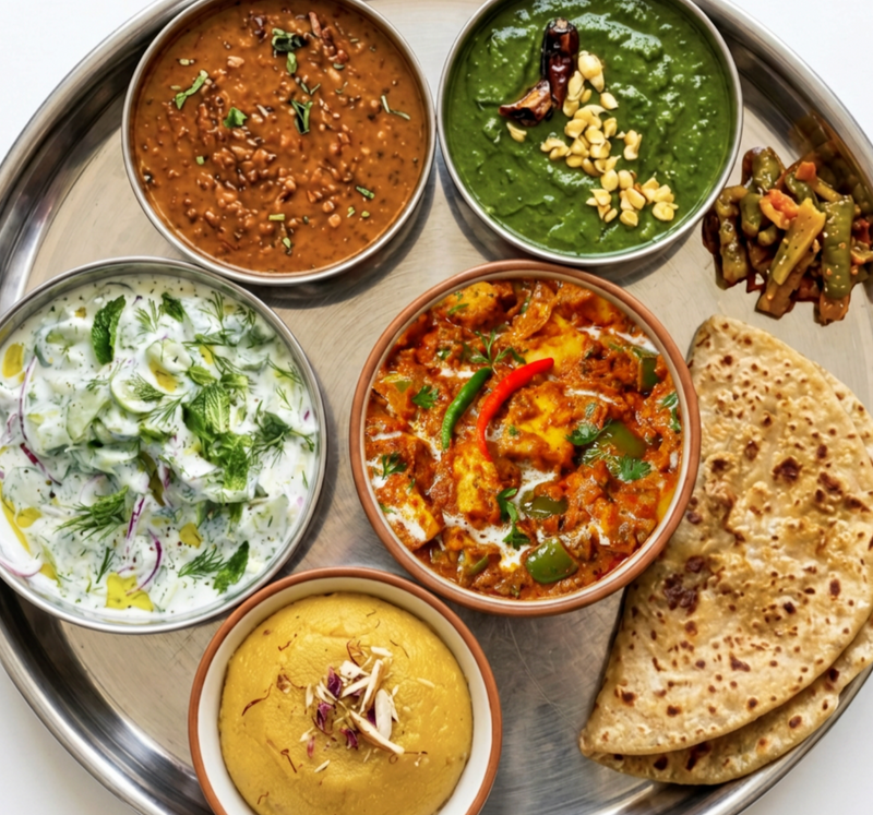 Amritsari Paneer Thali — 6 items (includes Raita & Dessert)