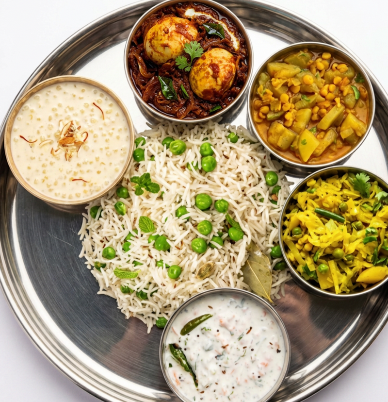 Kerala Egg Roast Thali — 6 items (includes Raita & Dessert)