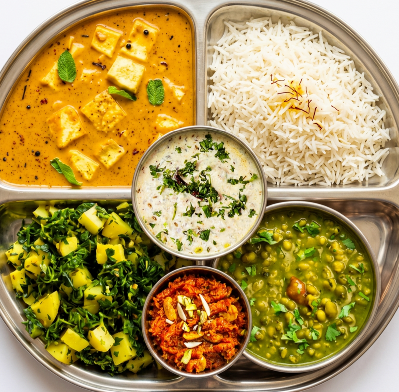 Seyal Paneer Thali — 6 items (includes Raita & Dessert)