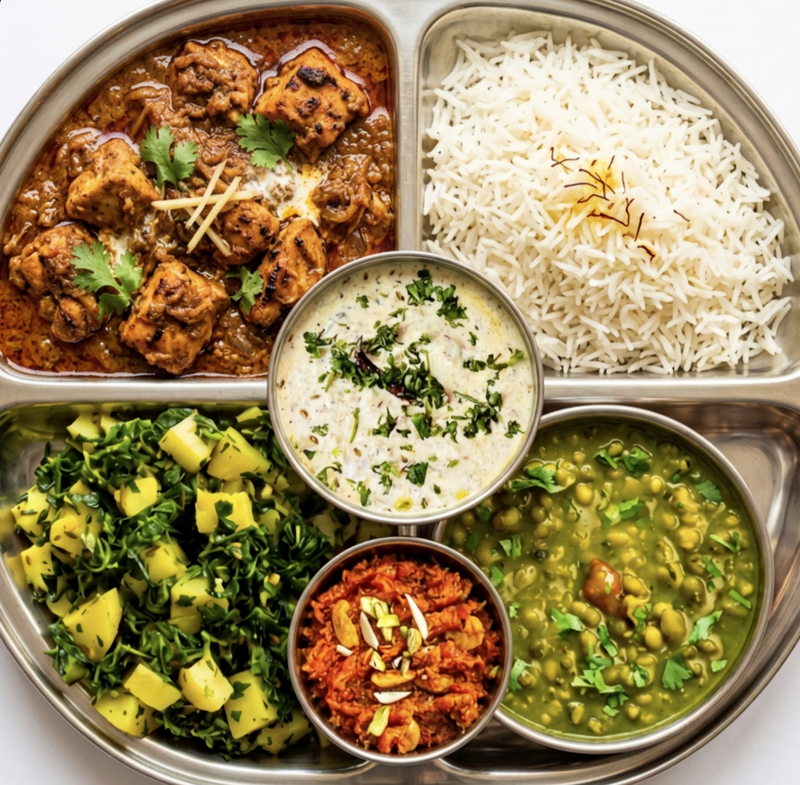 Dhaba Chicken Thali — 6 items (includes Raita & Dessert)