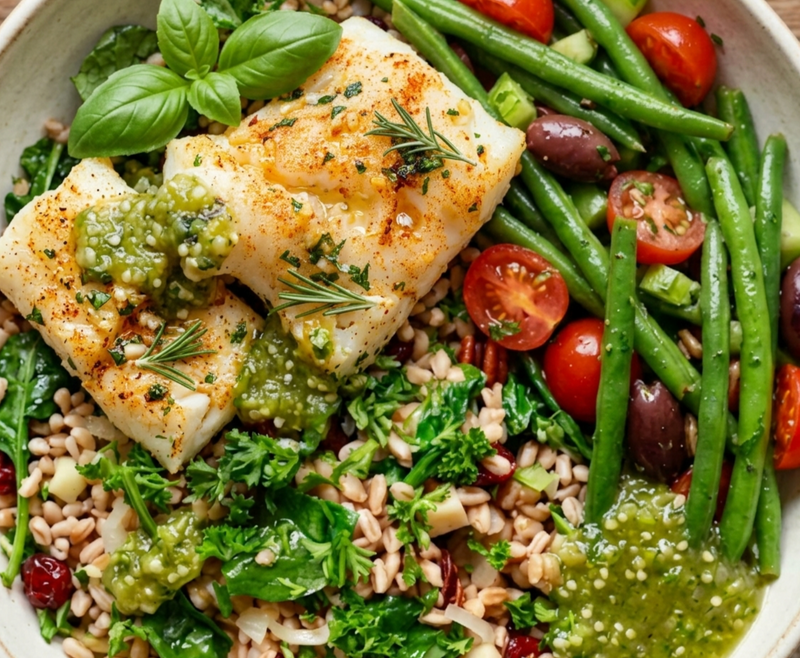 Butter Garlic Cod with Farro, Spinach, Green Beans, Cherry Tomatoes & Salsa Verde